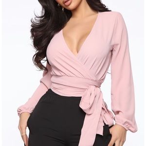 pink tie around blouse